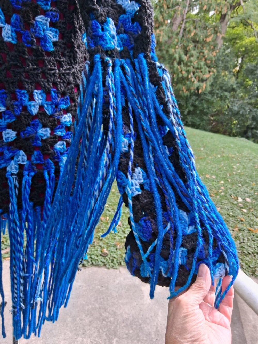 Black and Blue Fringe Granny Square Sweater Size L/XL - Picture 9 of 14